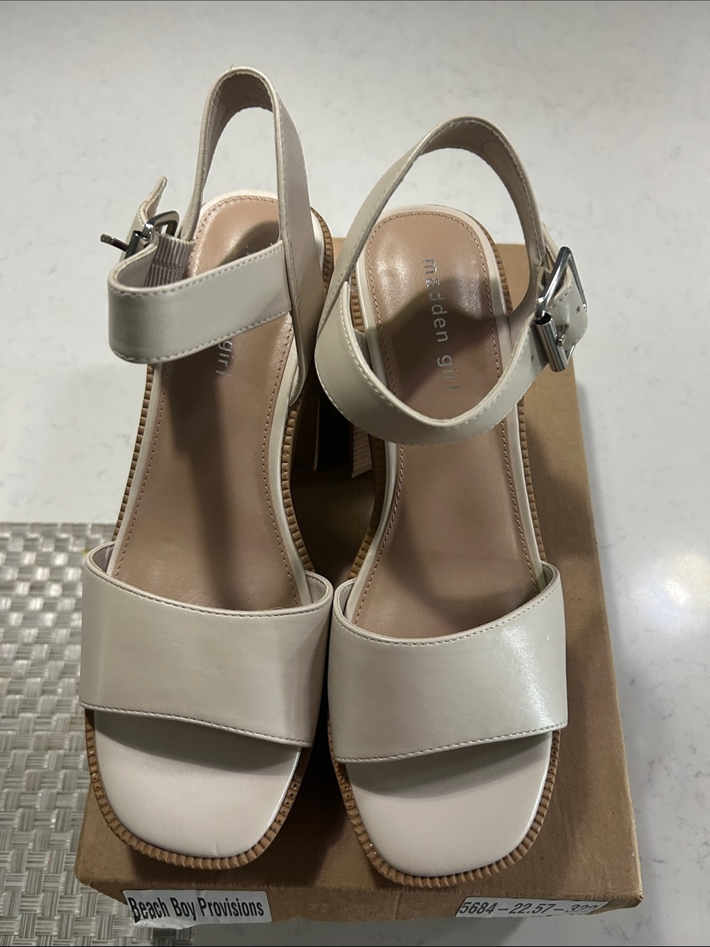 Madden Girl Cream Ankle-Strap Block Heel Sandals